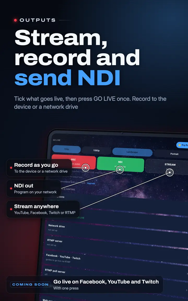 LiveDeck Output page: record, NDI out and streaming destinations, each ticked before Go Live