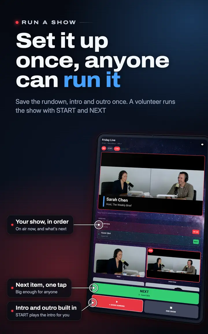 LiveDeck Run a Show: a rundown with Next and Start buttons for a volunteer operator