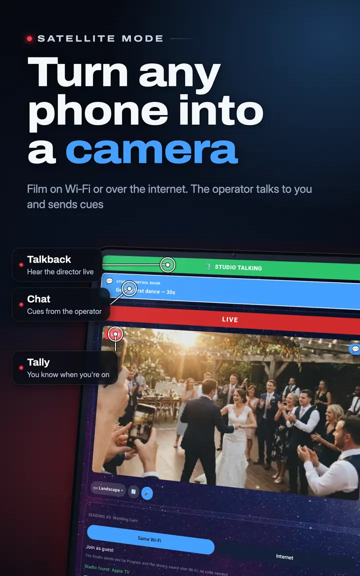 LiveDeck Satellite mode on a phone: a wedding filmed by a second phone, with talkback, chat and tally controls