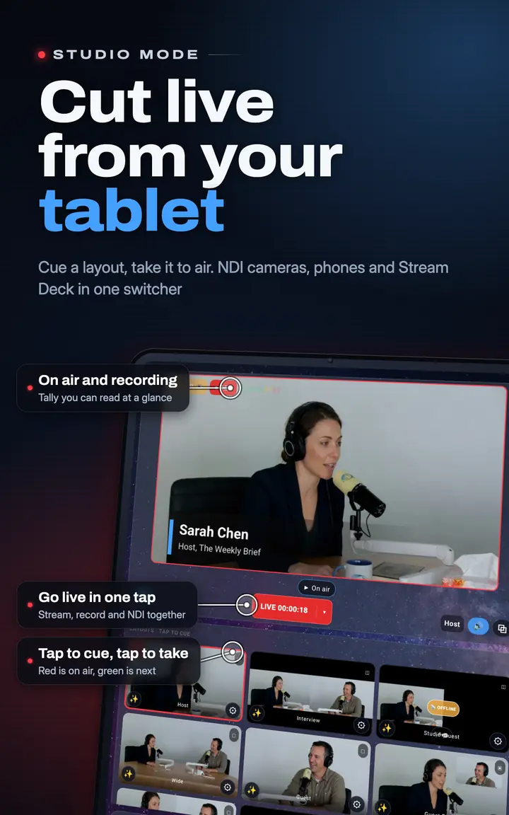 LiveDeck Studio mode on a tablet: on-air and recording status, Go Live, and a grid of layouts to tap and take