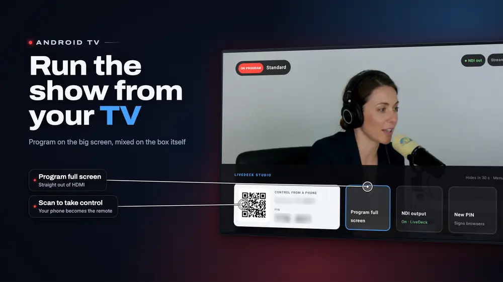 LiveDeck on Android TV running the whole show on the big screen, with a QR code to take control from a phone