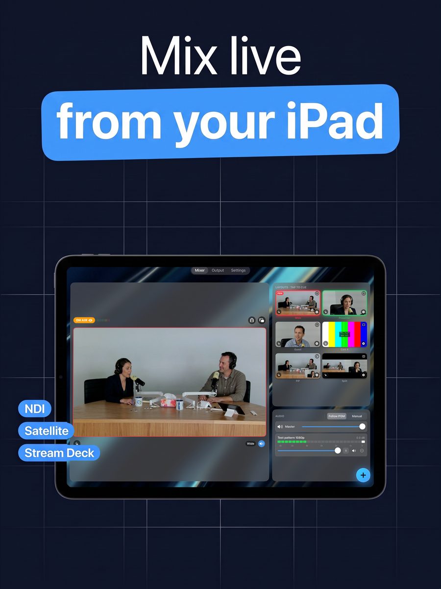 Mix live from your device: the Program monitor beside the tap-to-cue layout grid