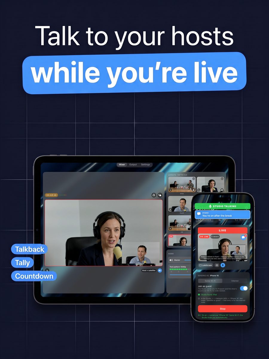 Talk to your hosts while live: the Studio and the satellite phone side by side