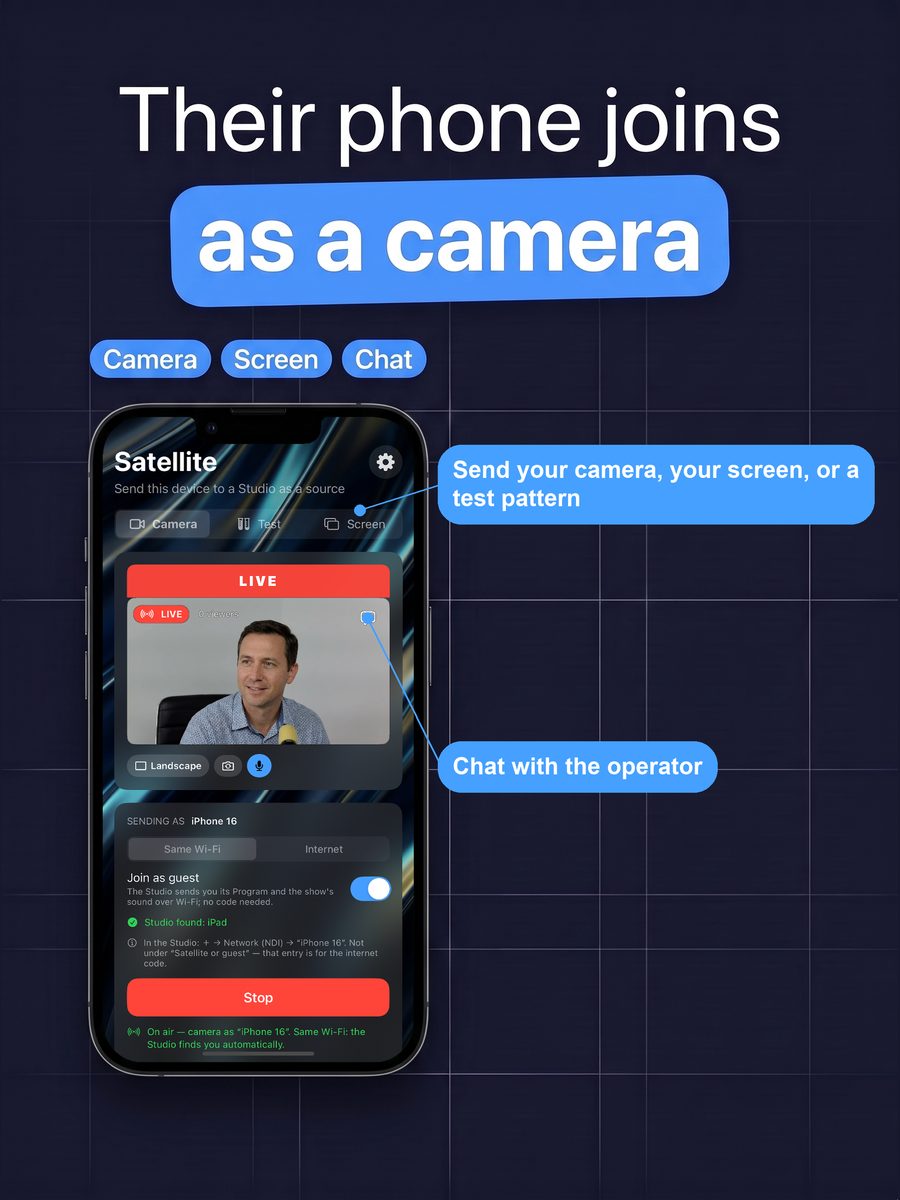 Satellite mode: a second phone sends its camera, screen or a test pattern, with chat to the operator
